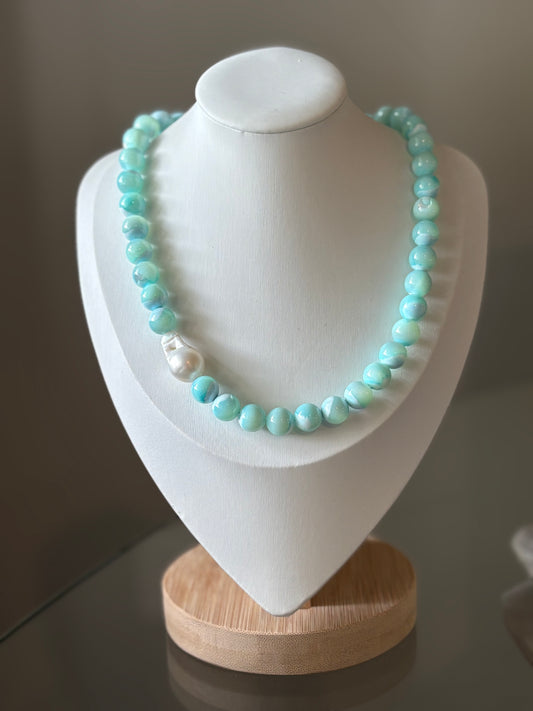 Blue Mother of Pearl and Pearl Necklace