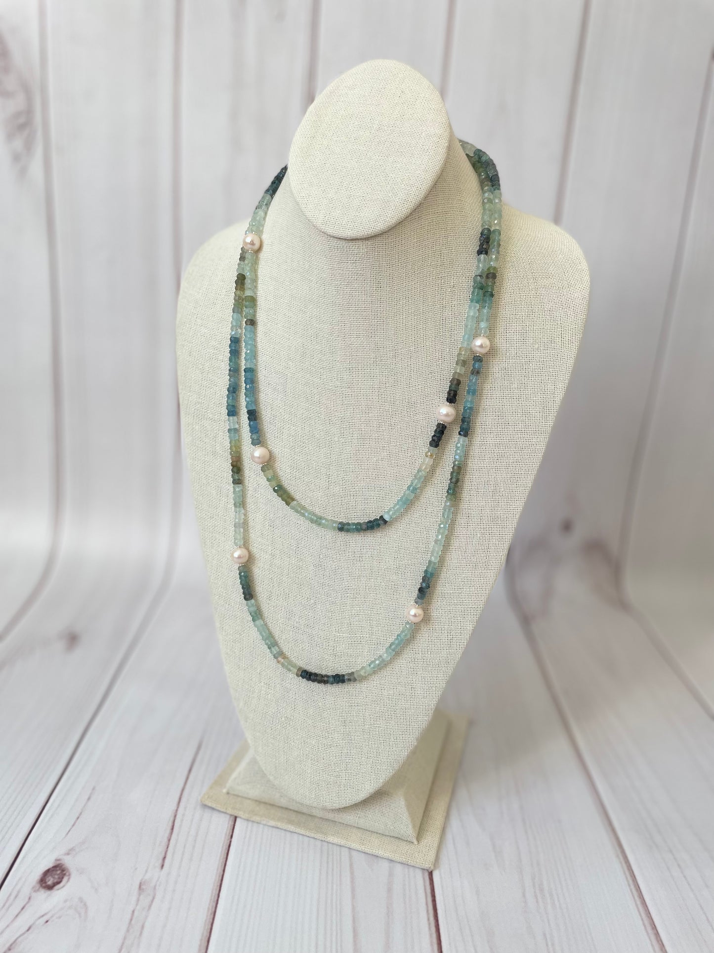 Long Moss Aquamarine and Pearl Necklace