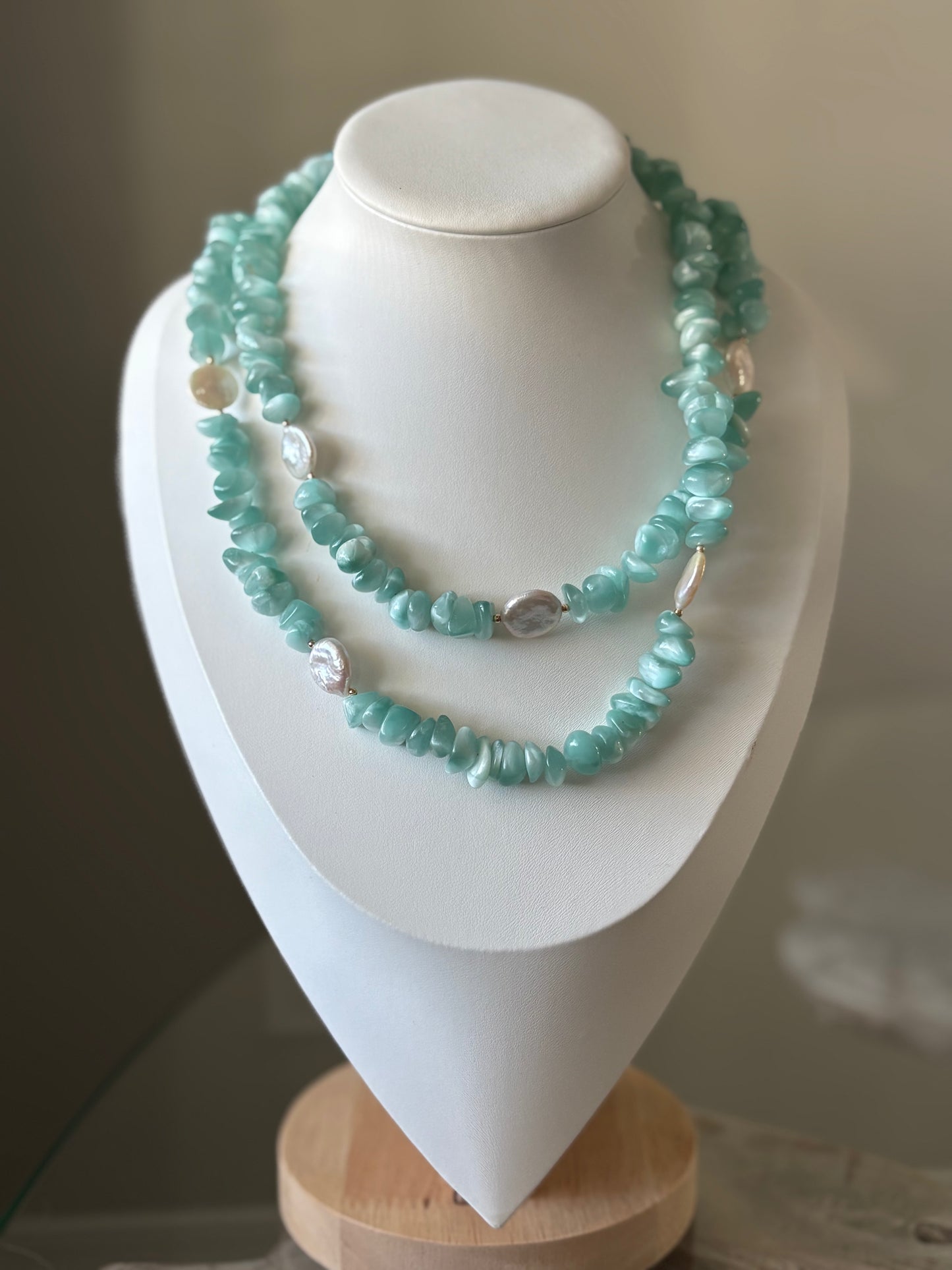 Green Moonstone and Pearl Necklace