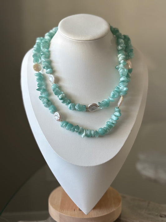 Green Moonstone and Pearl Necklace
