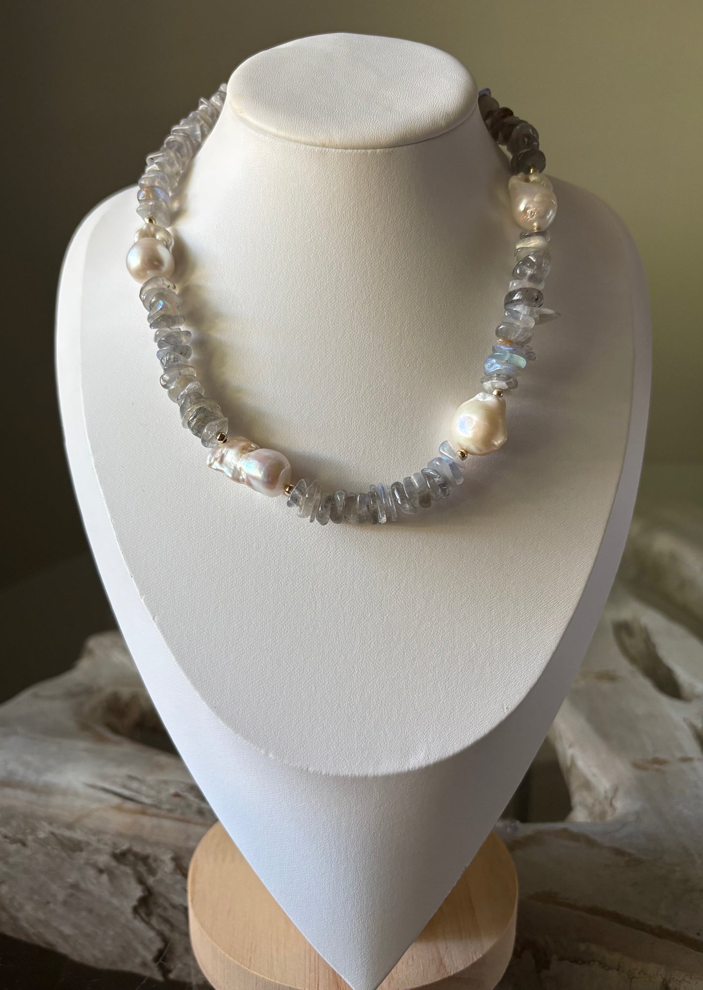 Labradorite Chip and Pearl Necklace