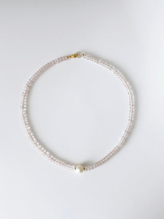 Rose Quartz and Pearl Necklace 16"
