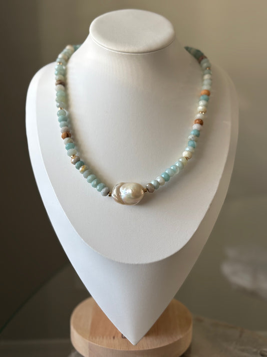 Faceted Amazonite and Pearl Necklace