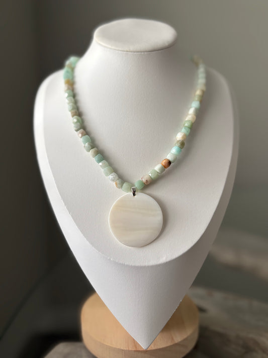 Amazonite Cube and Mother of Pearl Necklace