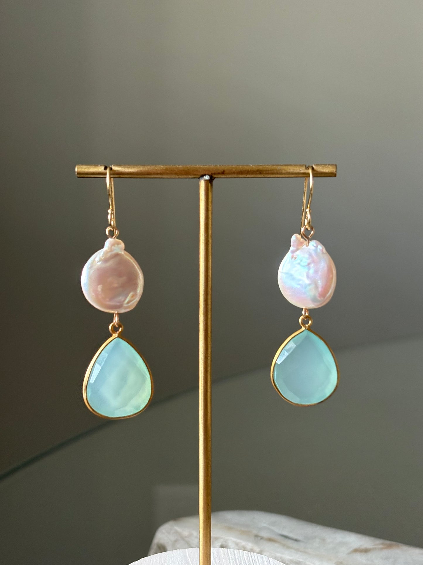 Aqua Chalcedony Pearl Earrings