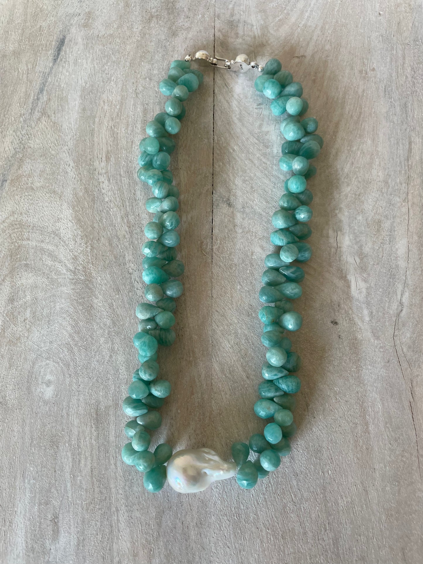 Chunky Amazonite Droplet and Pearl Necklace