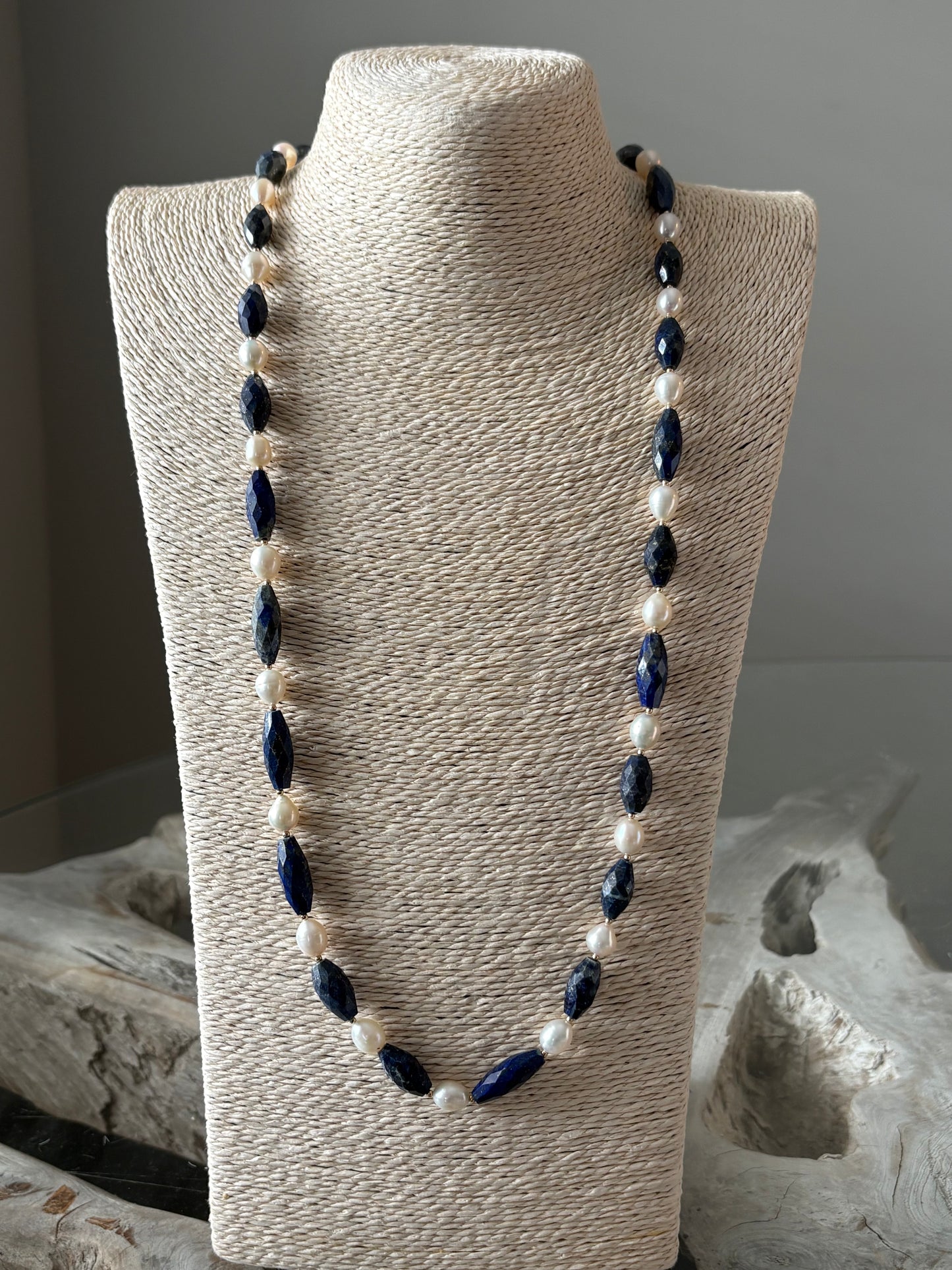 Long Lapis and Pearl Necklace
