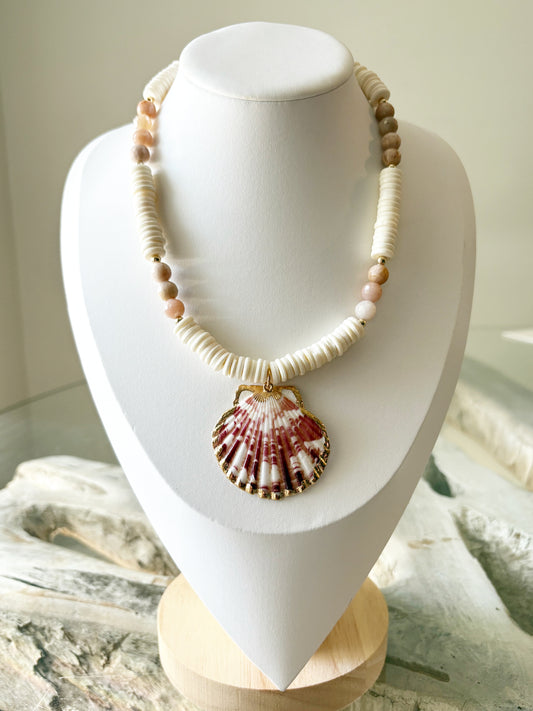 Resin and Peach Moonstone Shell Necklace