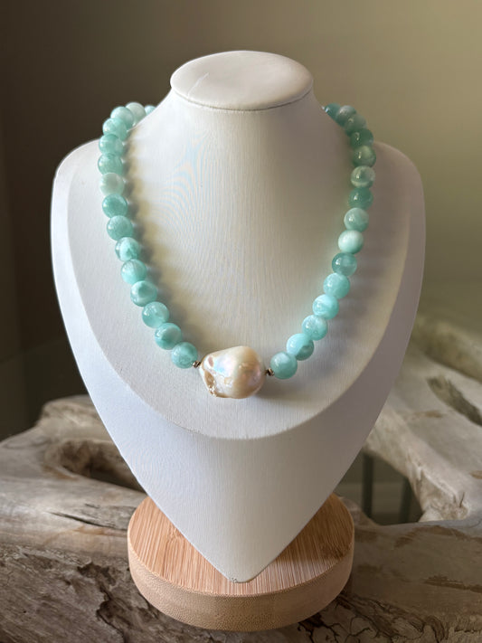 Green Moonstone and Pearl Necklace