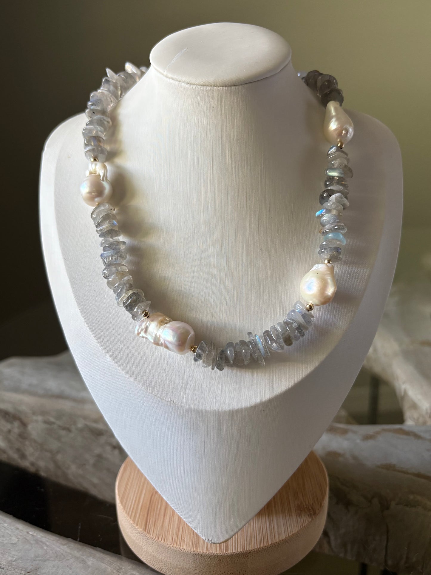 Labradorite Chip and Pearl Necklace