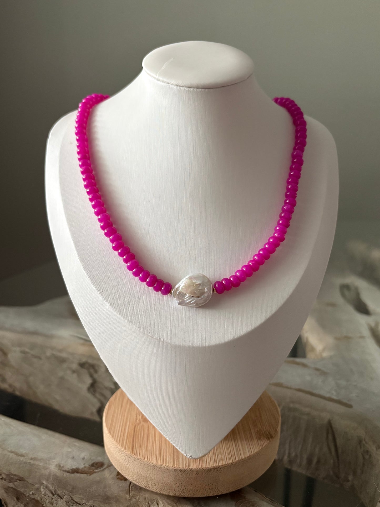 Fuchsia Jade and Pearl Necklace