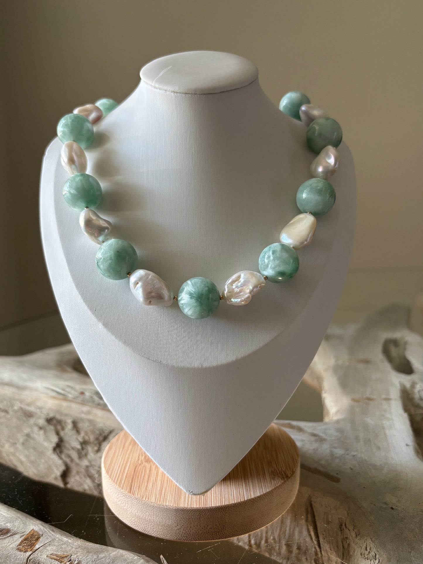 Chunky Green Moonstone and Pearl Necklace