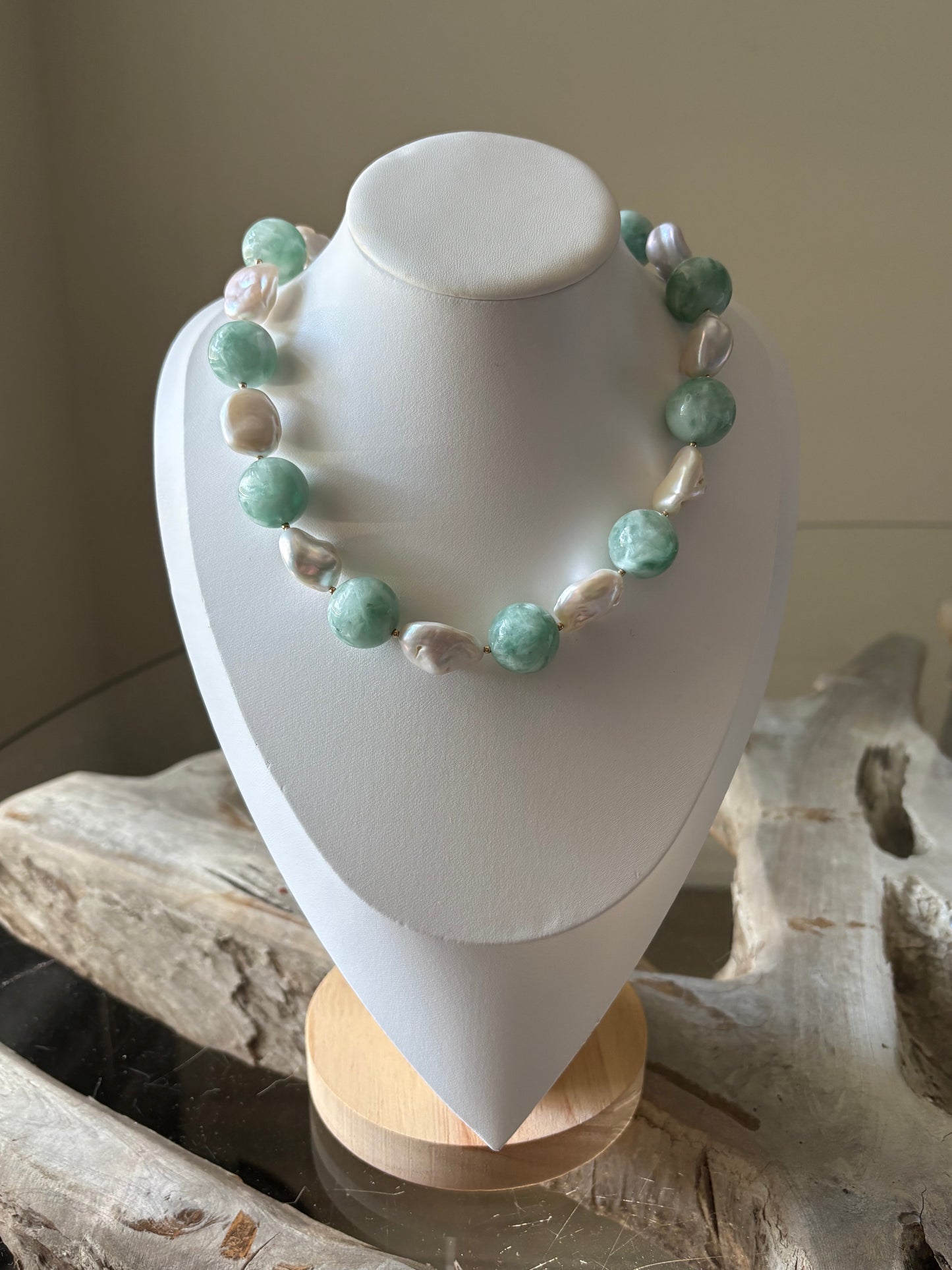 Chunky Green Moonstone and Pearl Necklace