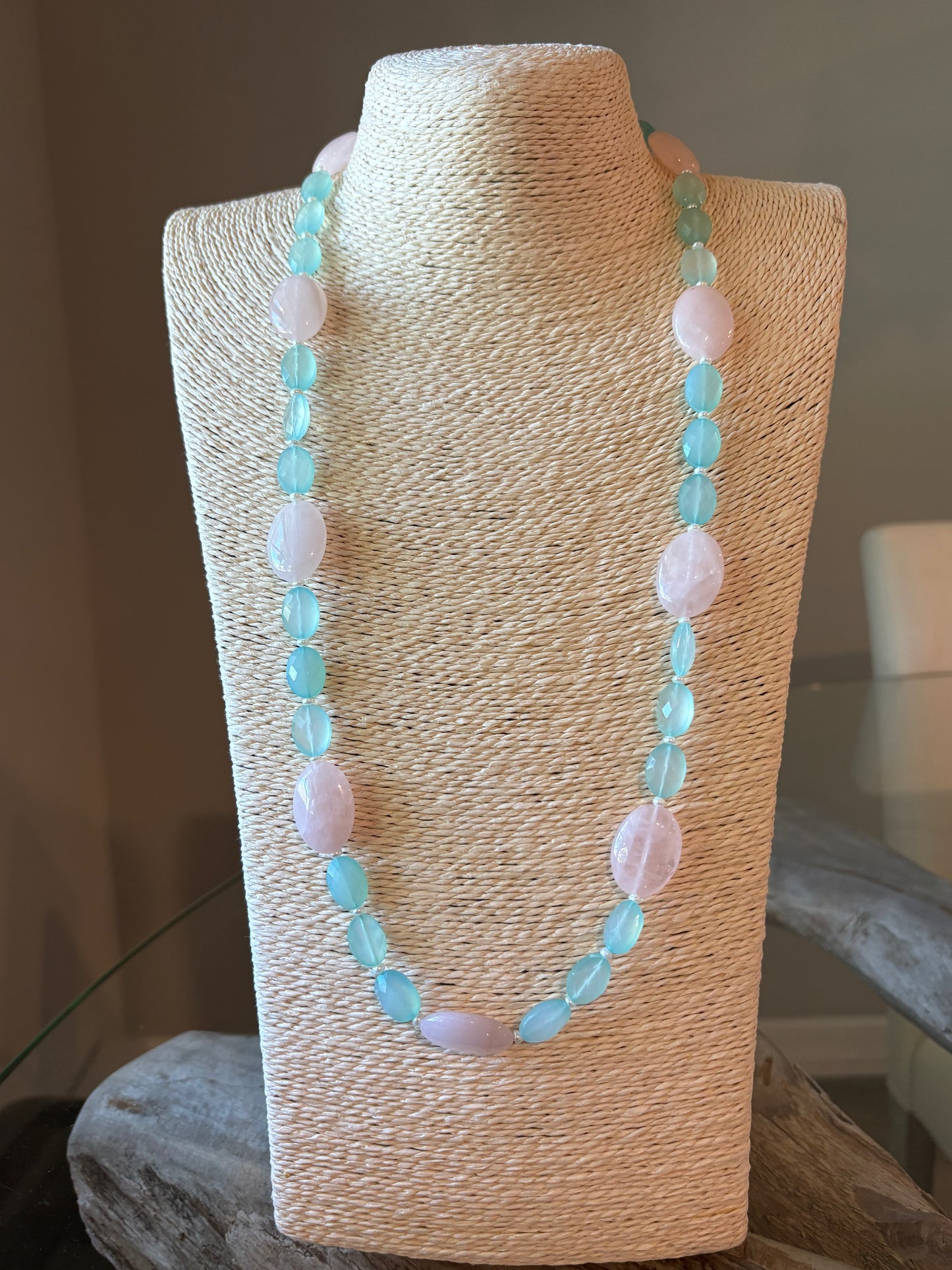 Long Rose Quartz, Chalcedony and Pearl Necklace