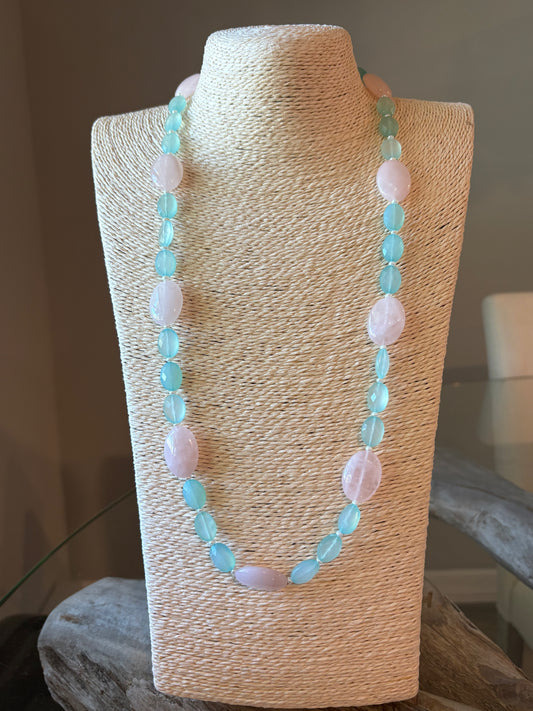 Long Rose Quartz, Chalcedony and Pearl Necklace