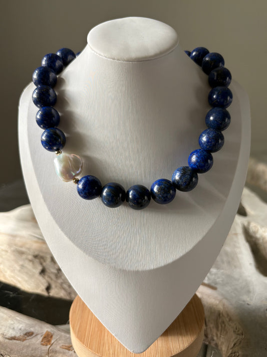 Chunky Lapis and Pearl Necklace