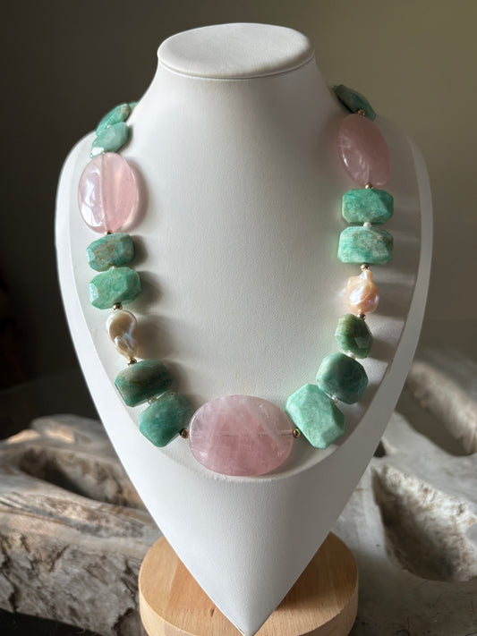 Amazonite, Rose Quartz and Pearl Necklace