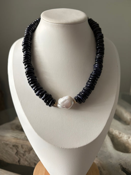 Blue Sandstone and Pearl Necklace