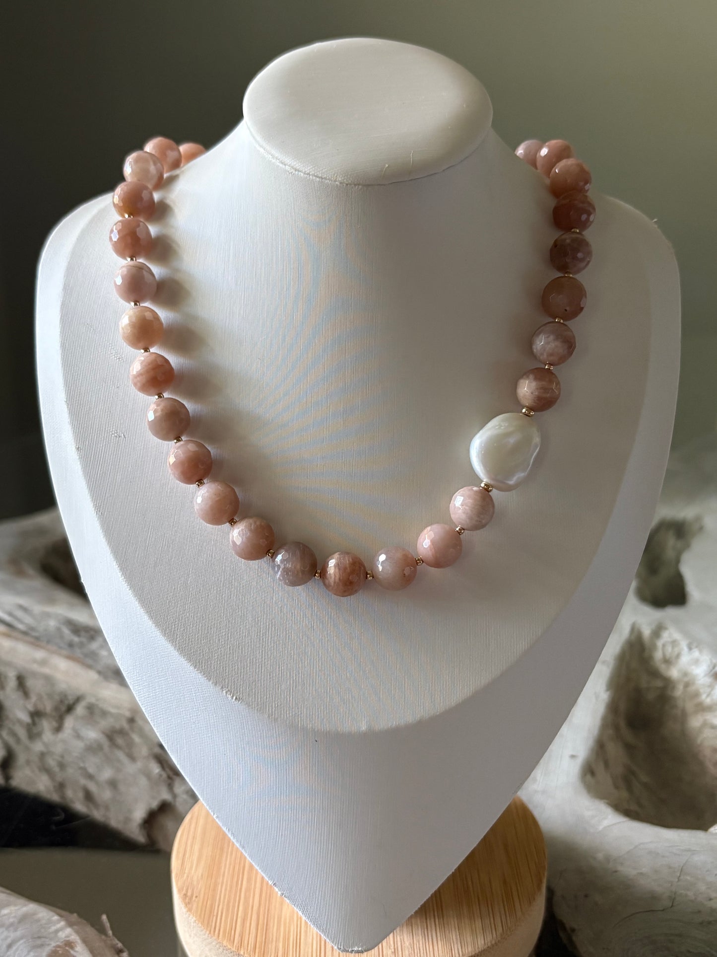 Peach Moonstone and Pearl Necklace