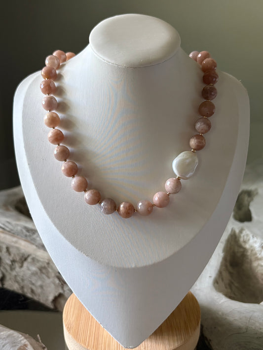 Peach Moonstone and Pearl Necklace