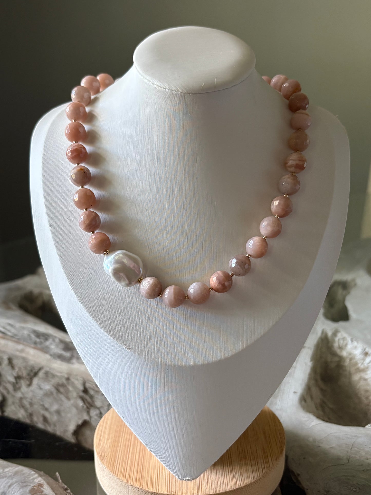 Peach Moonstone and Pearl Necklace