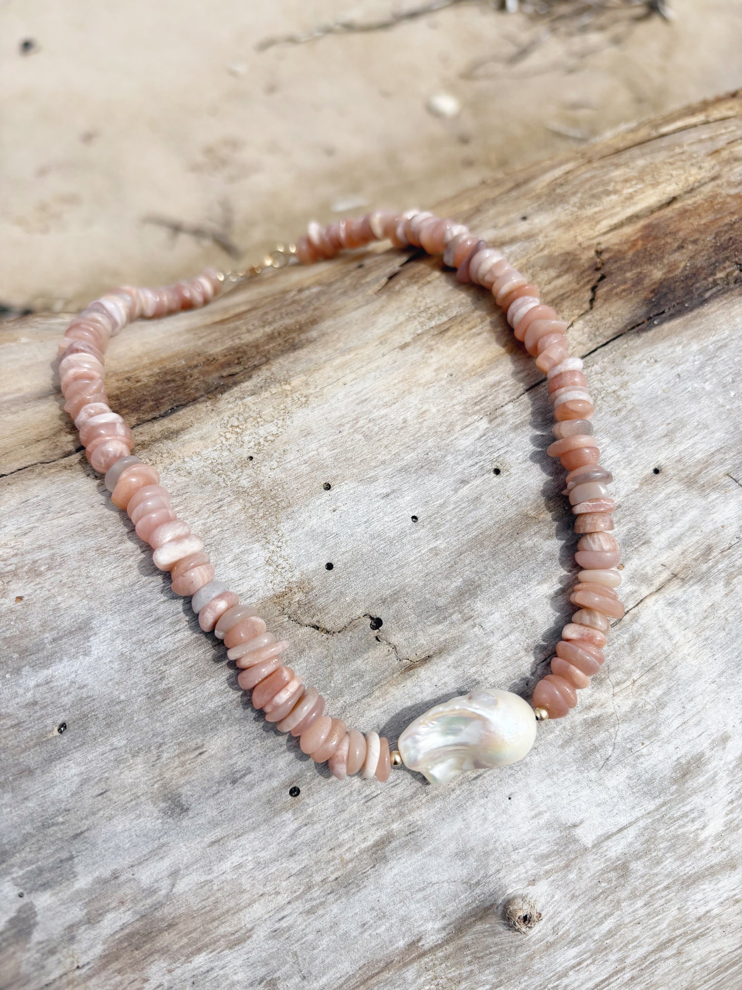 Peach Moonstone and Pearl Necklace