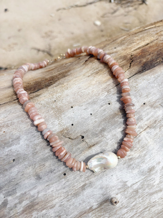Peach Moonstone and Pearl Necklace
