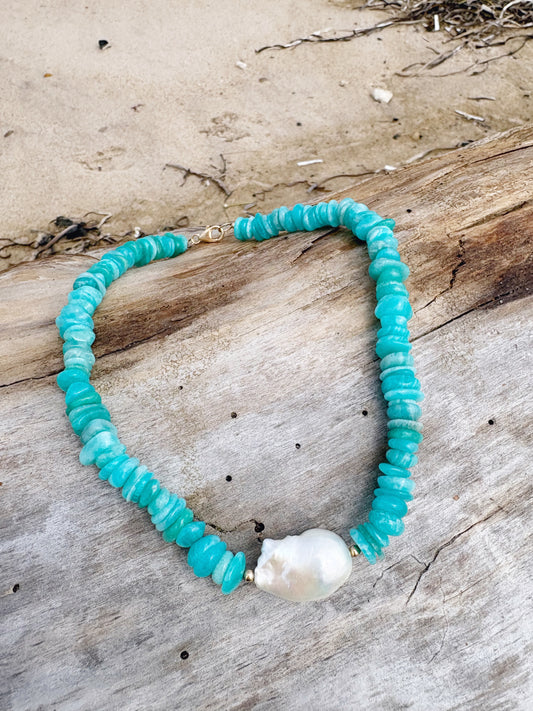 Amazonite Chip and Pearl Necklace 16"