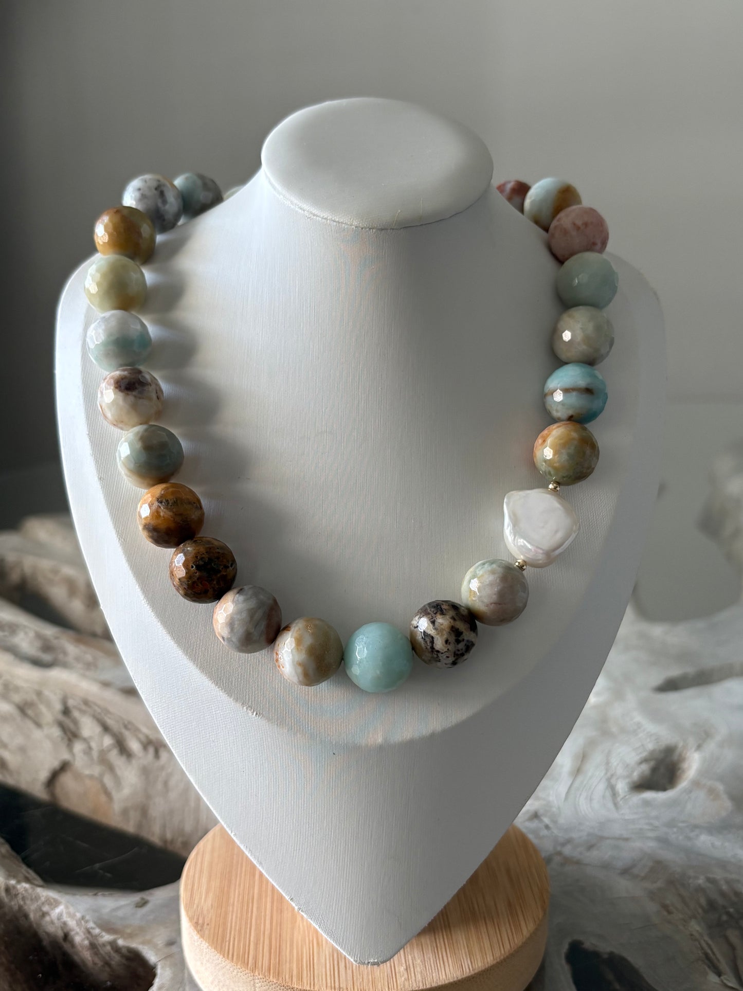Chunky Faceted Amazonite and Pearl Necklace