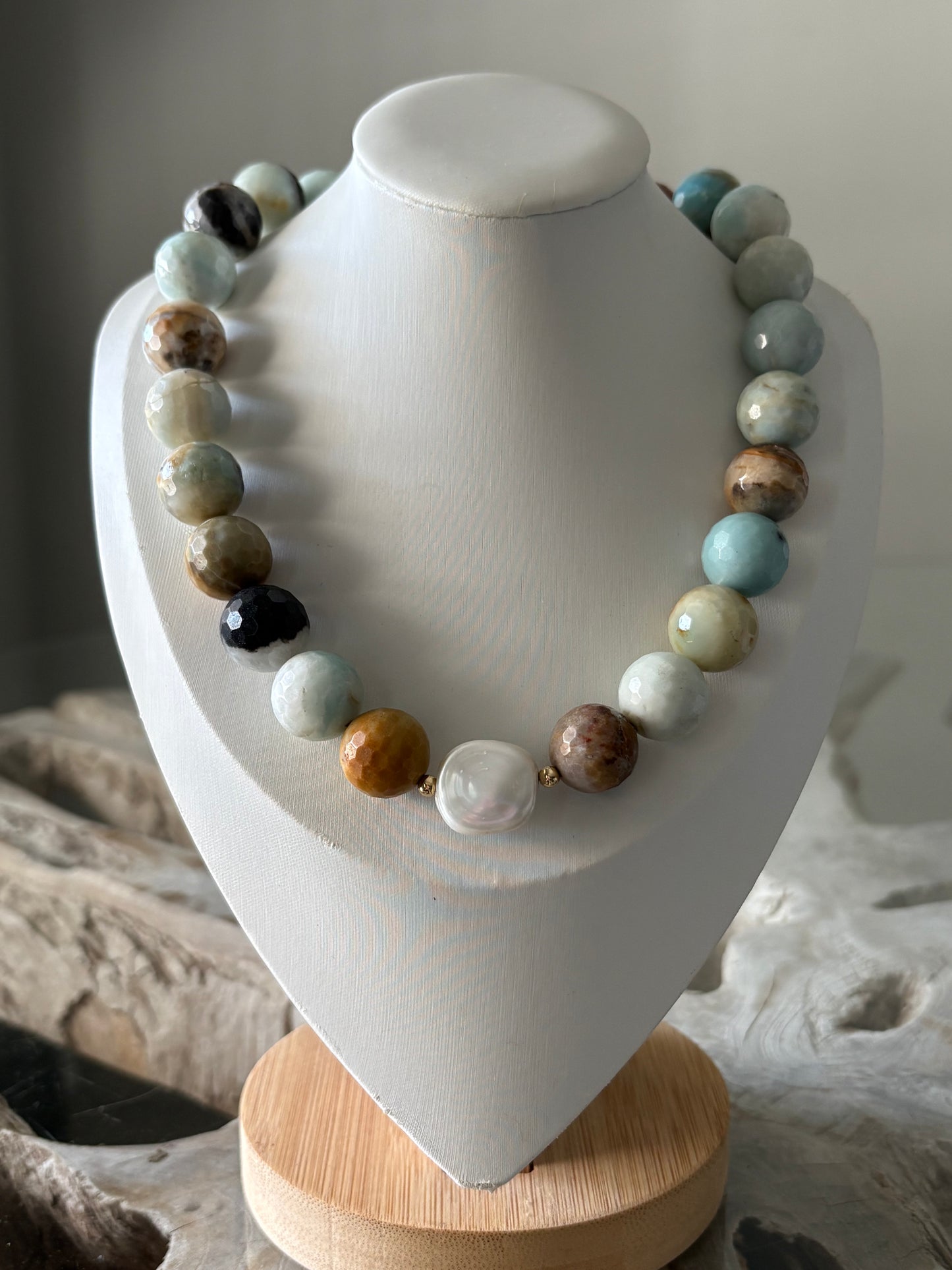 Chunky Faceted Amazonite and Pearl Necklace