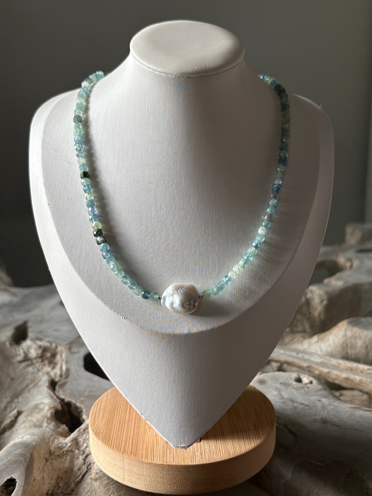 Green Kyanite and Pearl Necklace