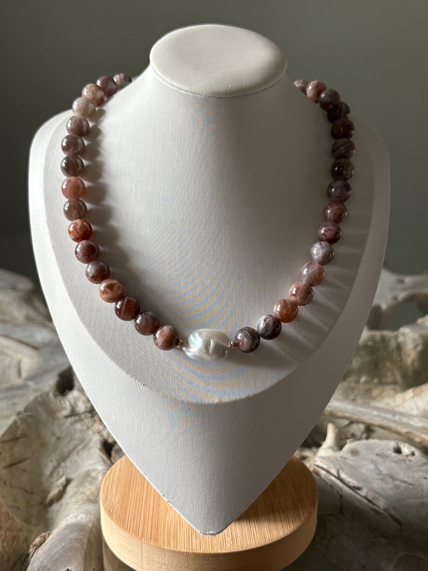 Dark Gray Moonstone and Pearl Necklace