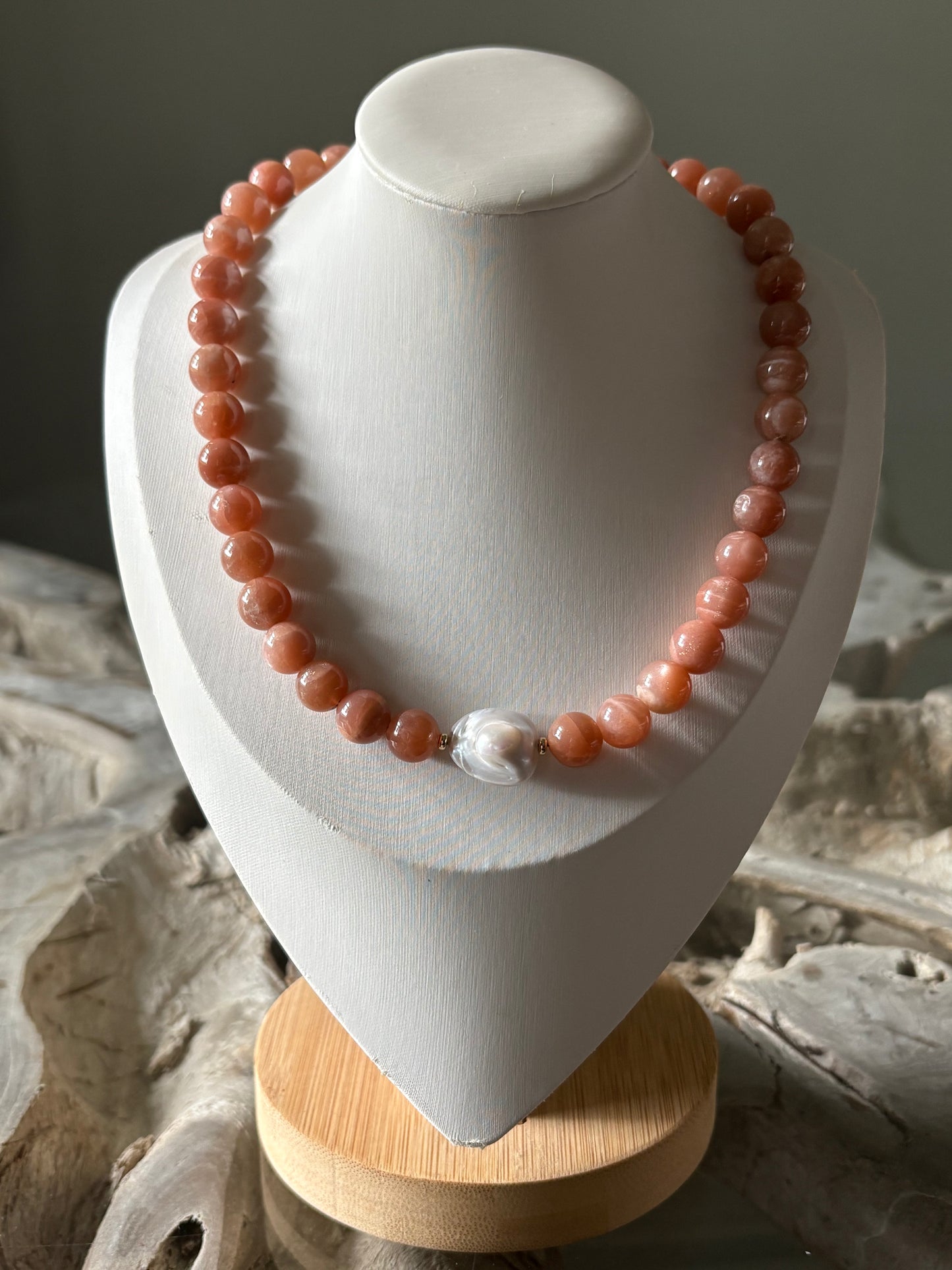 Peach Moonstone and Pearl Necklace