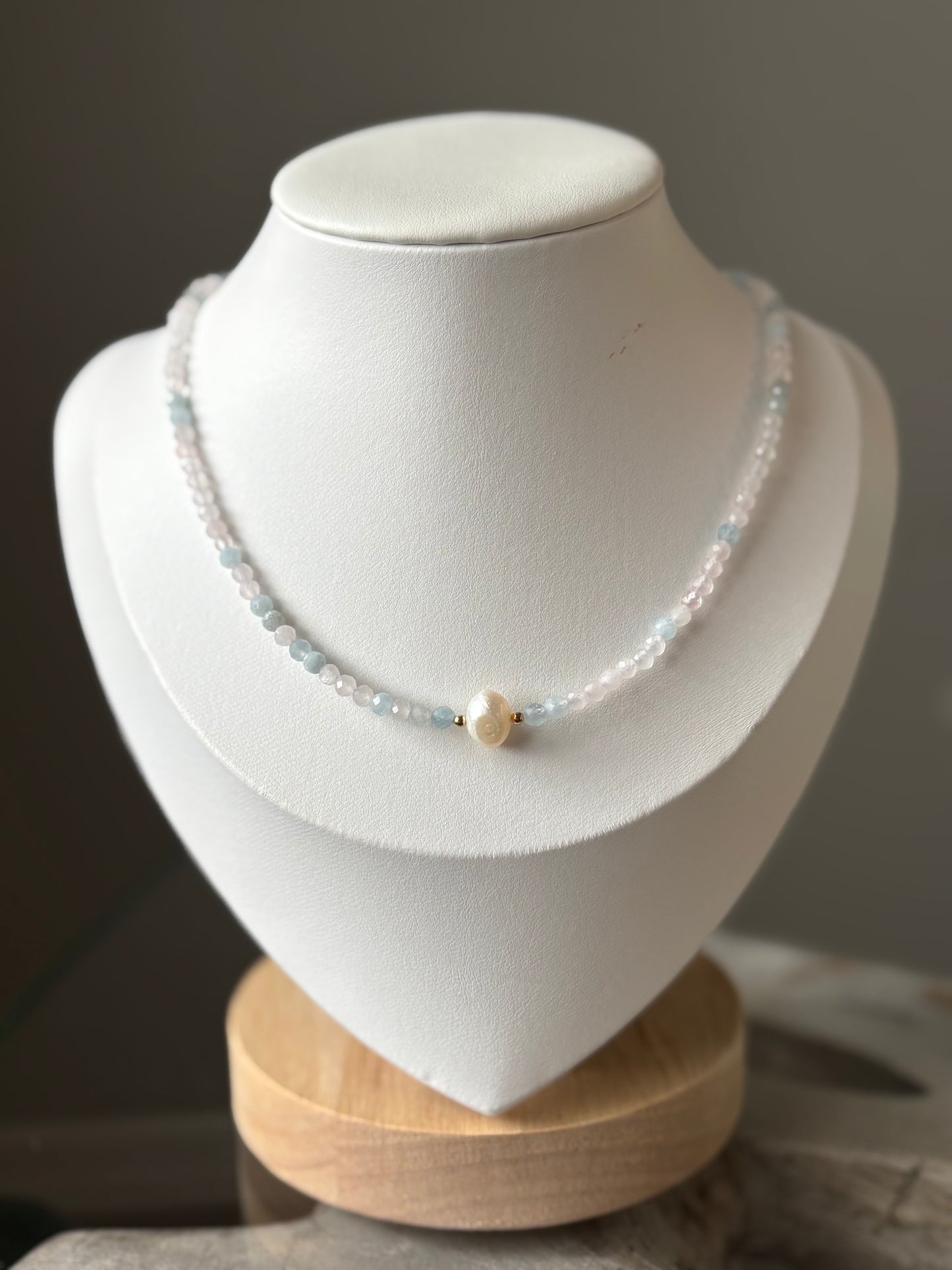 Morganite and Pearl Necklace with light pink and blue beads and a central baroque pearl