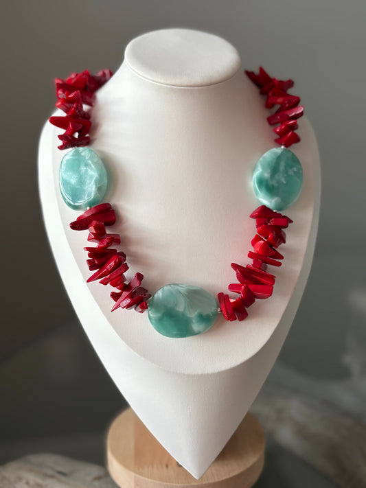 Chunky Coral and Green Moonstone Necklace