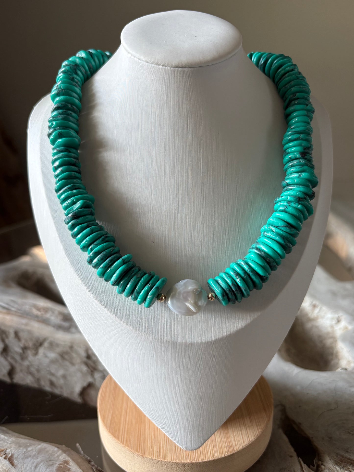 Bright Green Magnesite Turquoise and Pearl Necklace