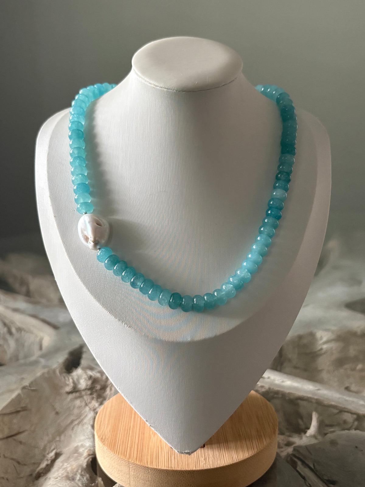 Dark Aqua Jade and Pearl Necklace