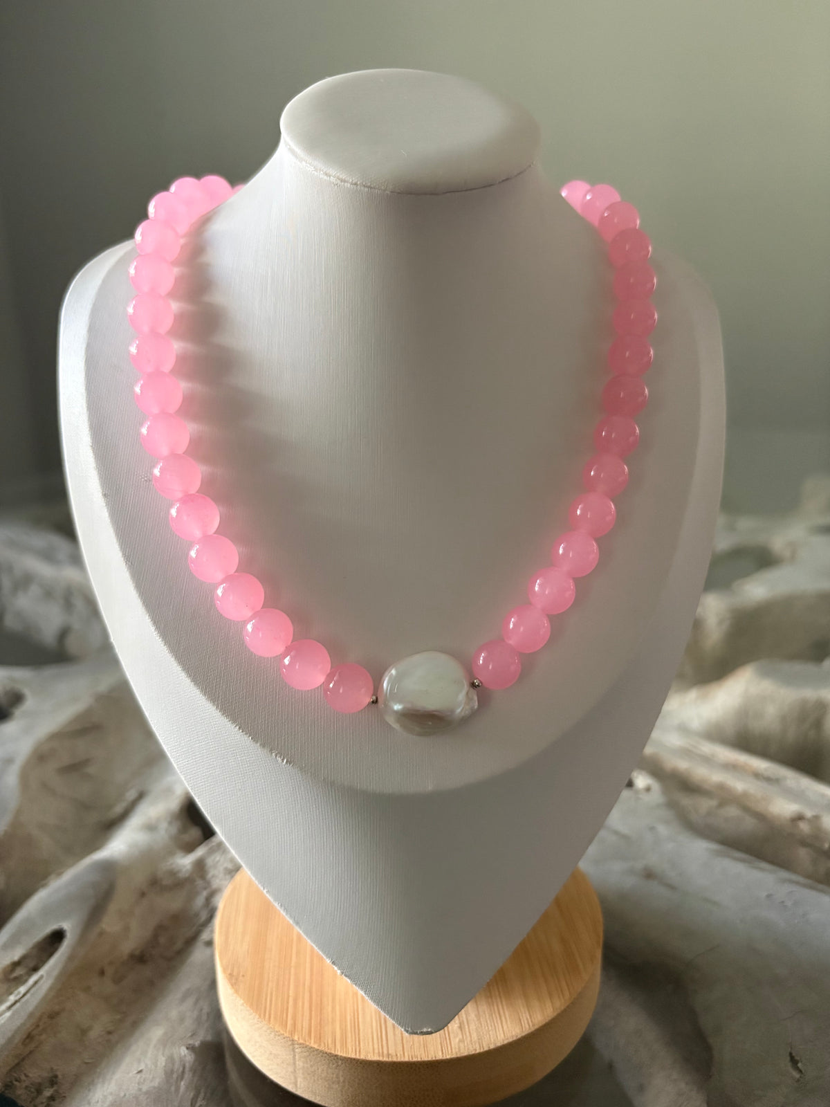 Pink Jade and Pearl Necklace