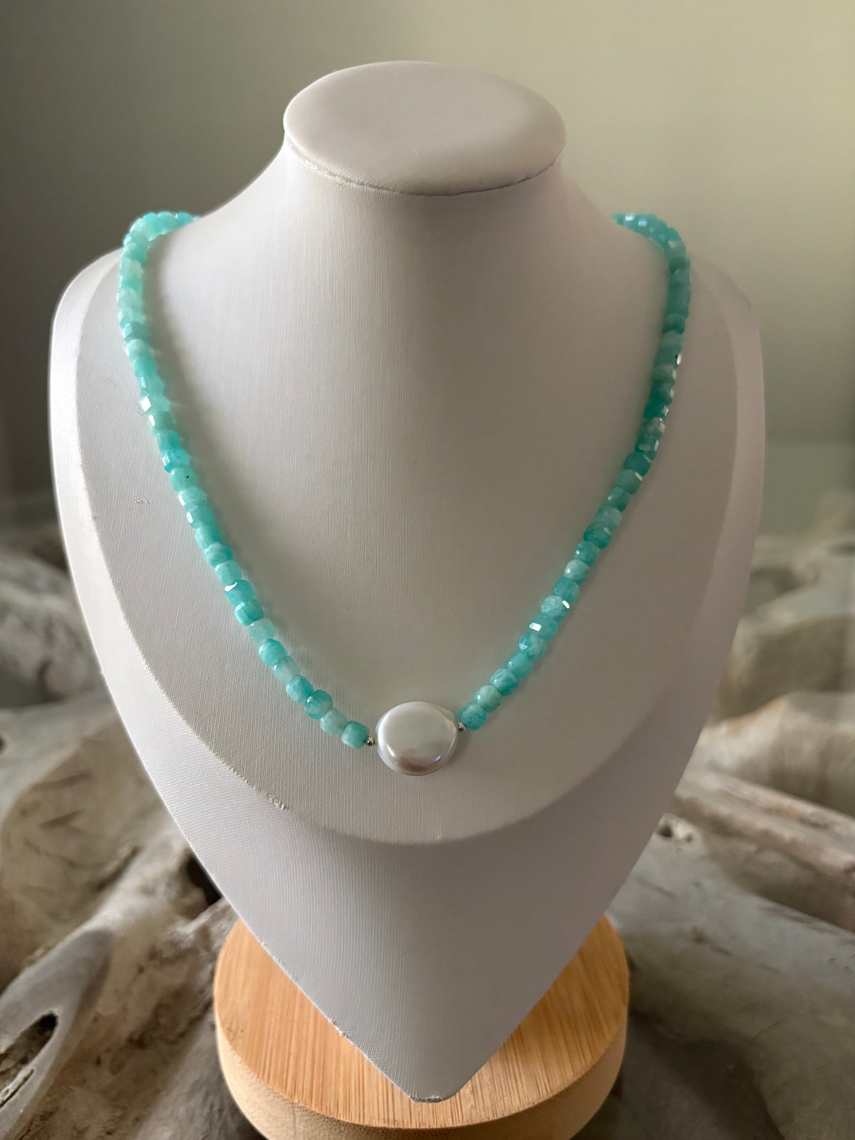 Amazonite Cube and Pearl Necklace