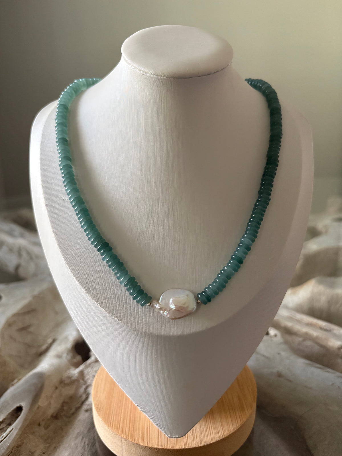 Dark Green Jade and Pearl Necklace